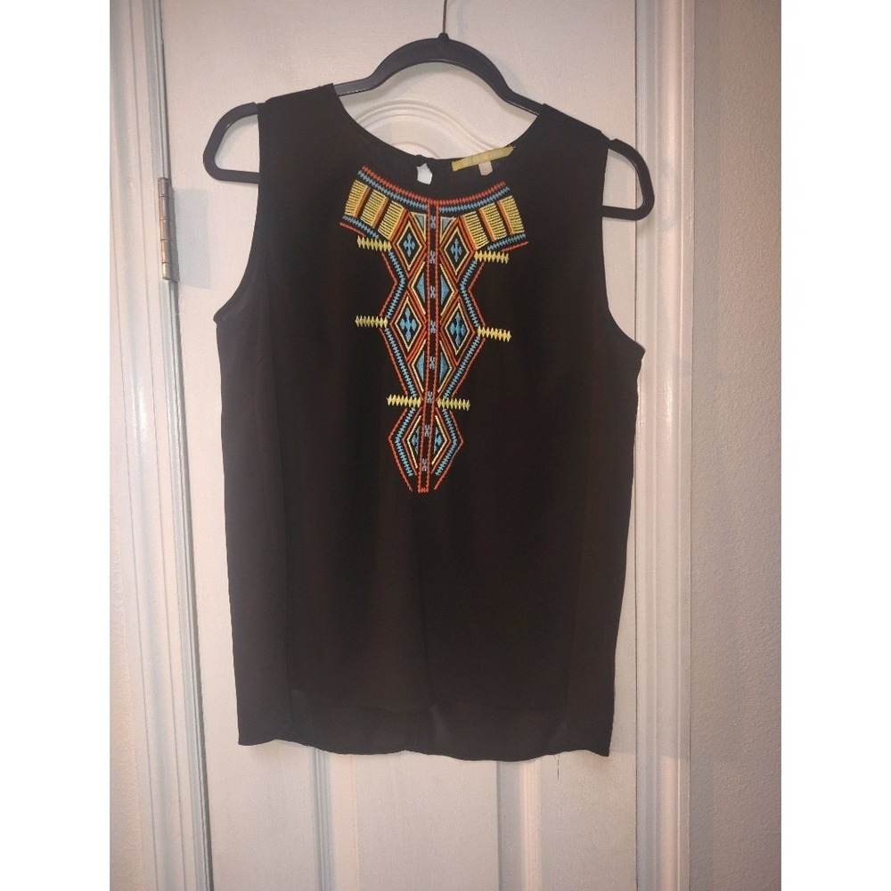 Gianni Bini Black Sleeveless Embroidered Bib Blouse Top Size L Geometric‎ Boho